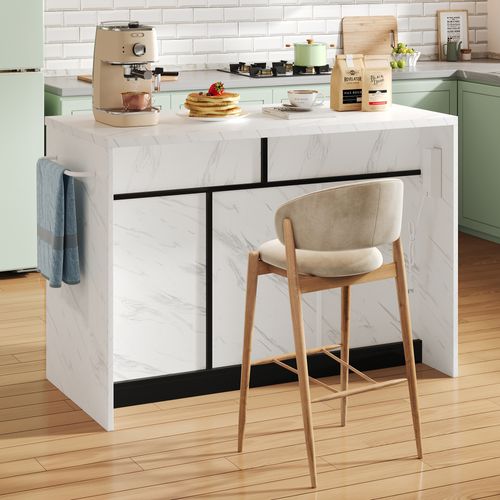 Chariot De Cuisine 120x60x91 Cm Avec 2 Tiroirs, 3 Portes, USB, Étagères Réglables, Mdf, Blanc, Noir