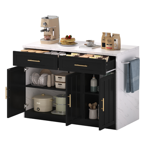 Chariot De Cuisine 120x60x91 Cm Avec 2 Tiroirs, 3 Portes, USB, Étagères Réglables, Mdf, Blanc, Noir