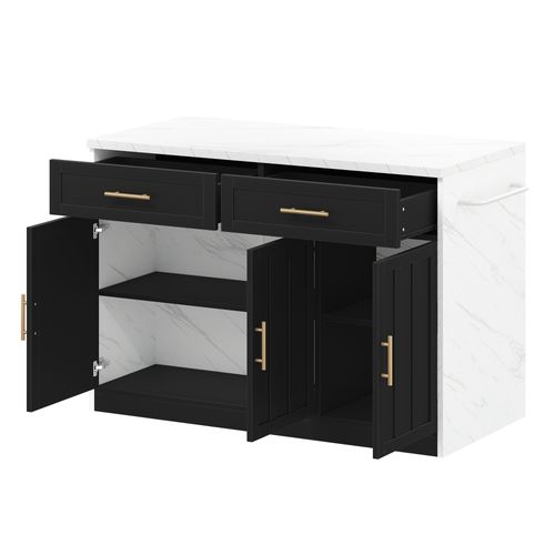 Chariot De Cuisine 120x60x91 Cm Avec 2 Tiroirs, 3 Portes, USB, Étagères Réglables, Mdf, Blanc, Noir