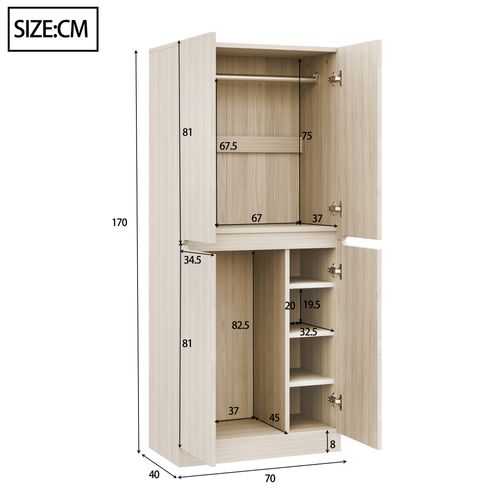 Armoire 70 X 40 X 170 Cm, 4 Portes, 3 Étagères, 1 Tringle, Coloris Bois Clair