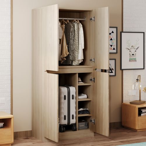 Armoire 70 X 40 X 170 Cm, 4 Portes, 3 Étagères, 1 Tringle, Coloris Bois Clair