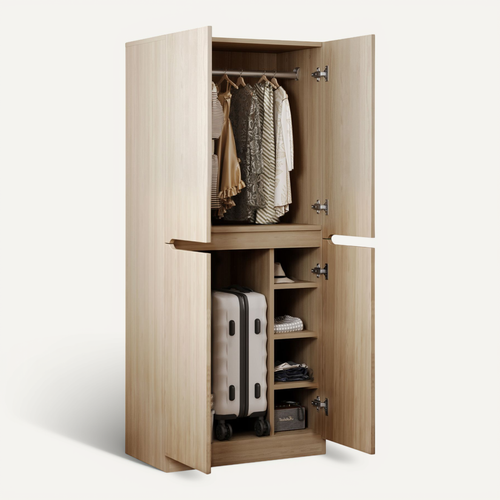 Armoire 70 X 40 X 170 Cm, 4 Portes, 3 Étagères, 1 Tringle, Coloris Bois Clair