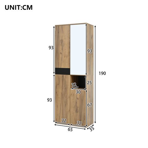 Armoire Haute 65x35x190cm, 4 Portes, 1 Niche, Avec Miroir, Couleur Bois + Noir