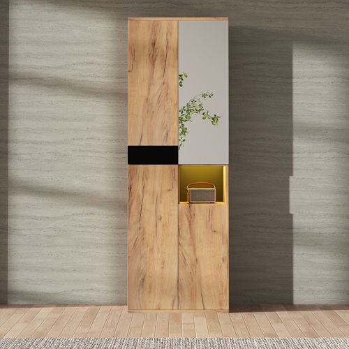 Armoire Haute 65x35x190cm, 4 Portes, 1 Niche, Avec Miroir, Couleur Bois + Noir