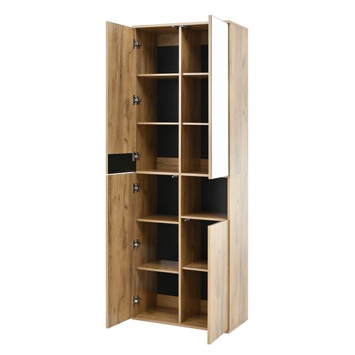 Armoire Haute 65x35x190cm, 4 Portes, 1 Niche, Avec Miroir, Couleur Bois + Noir