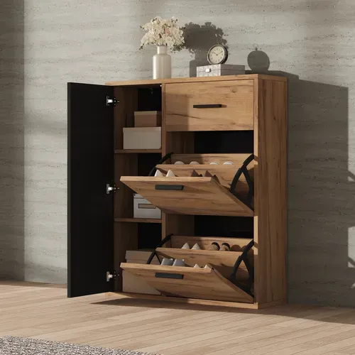 Meuble à Chaussures 80x24x95.5cm, Avec Tiroir Et 3 Portes, Panneau De Particules, Naturel Et Noir