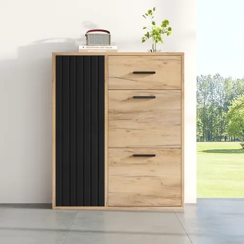 Meuble à Chaussures 80x24x95.5cm, Avec Tiroir Et 3 Portes, Panneau De Particules, Naturel Et Noir