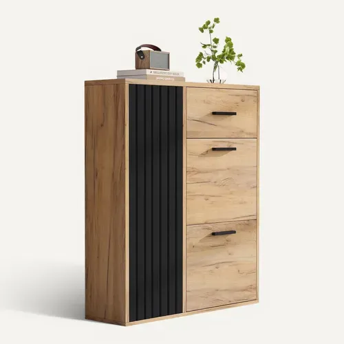 Meuble à Chaussures 80x24x95.5cm, Avec Tiroir Et 3 Portes, Panneau De Particules, Naturel Et Noir