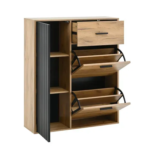 Meuble à Chaussures 80x24x95.5cm, Avec Tiroir Et 3 Portes, Panneau De Particules, Naturel Et Noir