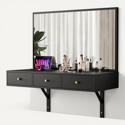 Coiffeuse Suspendue 100x45x105 Cm Avec Miroir, 3 Tiroirs, Prises ...