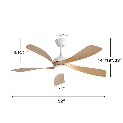 Ventilateur De Plafond De 52 Pouces Avec LED, 5 Pales Et Télécommande, Abs, Couleur Bois Et Blanc