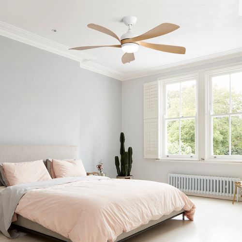 Ventilateur De Plafond De 52 Pouces Avec LED, 5 Pales Et Télécommande, Abs, Couleur Bois Et Blanc