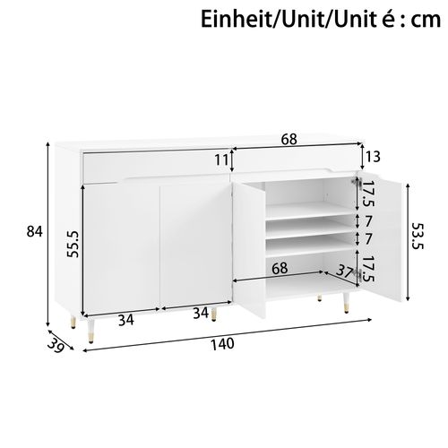 Meuble à Chaussures 140x39x84 Cm Avec 2 Tiroirs, 4 Portes, Pieds De Support, Blanc