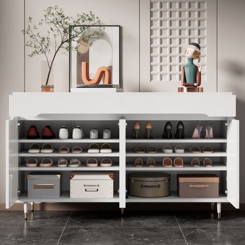 Meuble à Chaussures 140x39x84 Cm Avec 2 Tiroirs, 4 Portes, Pieds De Support, Blanc