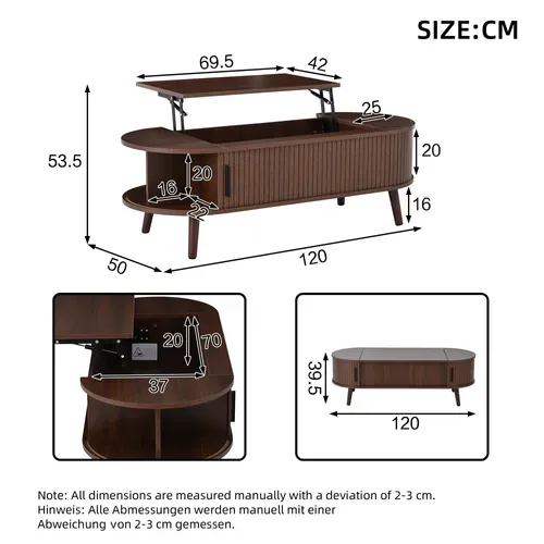 Table Basse Relevable 120x50x53,5 Cm Avec 2 Portes Coulissantes Et Rangement Caché, Mdf, Brun