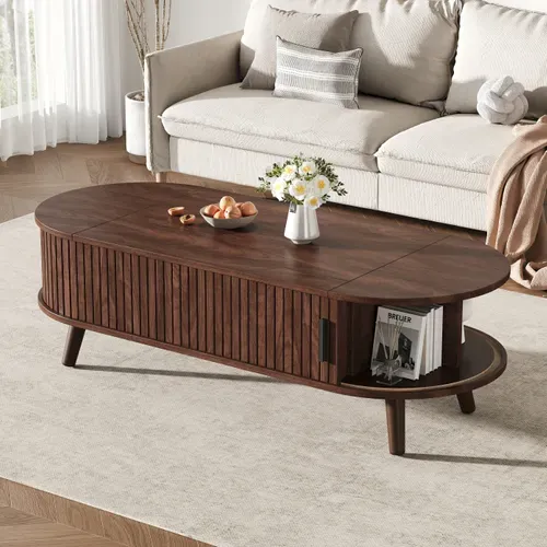 Table Basse Relevable 120x50x53,5 Cm Avec 2 Portes Coulissantes Et Rangement Caché, Mdf, Brun