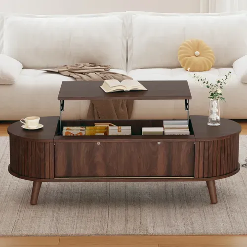 Table Basse Relevable 120x50x53,5 Cm Avec 2 Portes Coulissantes Et Rangement Caché, Mdf, Brun