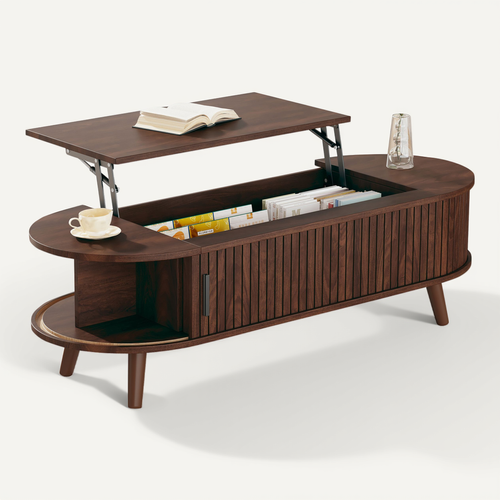 Table Basse Relevable 120x50x53,5 Cm Avec 2 Portes Coulissantes Et Rangement Caché, Mdf, Brun