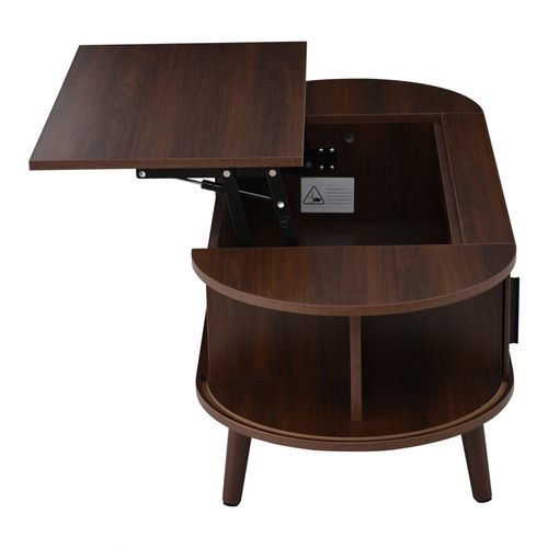 Table Basse Relevable 120x50x53,5 Cm Avec 2 Portes Coulissantes Et Rangement Caché, Mdf, Brun