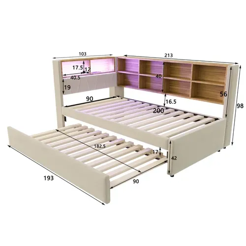 Lit Enfant 90x200 Cm avec 1 Lit Gigogne 90x190 Cm, Port De Recharge Et Rangement, Flanelle, Beige