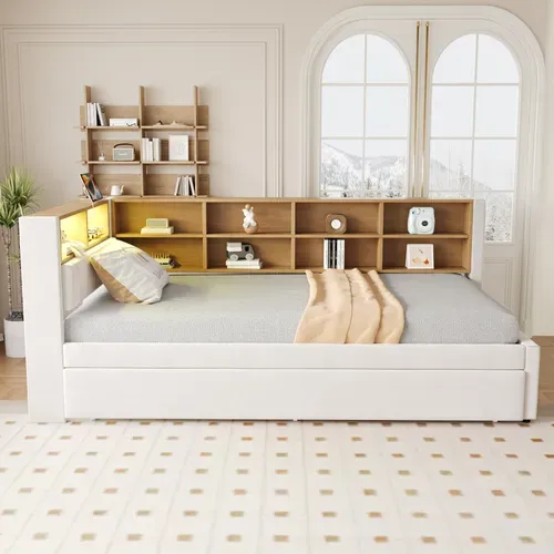 Lit Enfant 90x200 Cm avec 1 Lit Gigogne 90x190 Cm, Port De Recharge Et Rangement, Flanelle, Beige