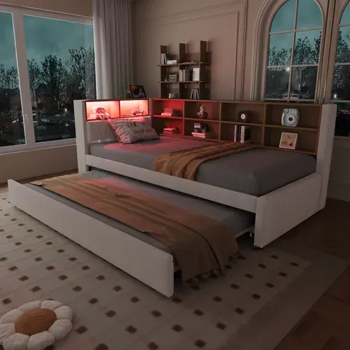 Lit Enfant 90x200 Cm avec 1 Lit Gigogne 90x190 Cm, Port De Recharge Et Rangement, Flanelle, Beige