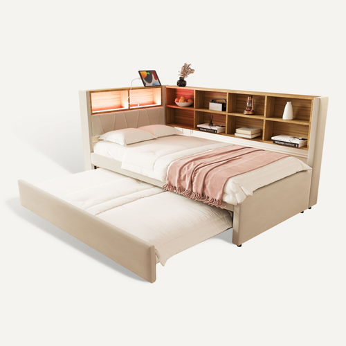 Lit Enfant 90x200 Cm avec 1 Lit Gigogne 90x190 Cm, Port De Recharge Et Rangement, Flanelle, Beige