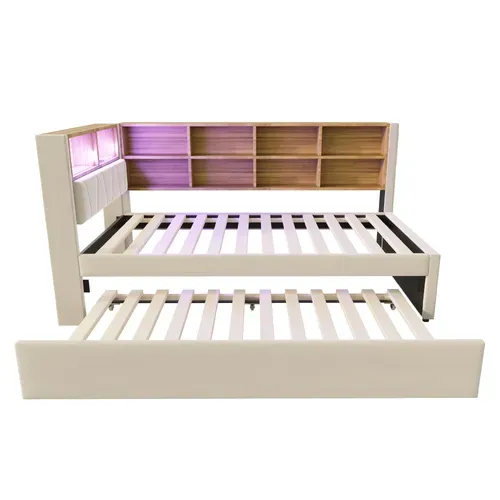 Lit Enfant 90x200 Cm avec 1 Lit Gigogne 90x190 Cm, Port De Recharge Et Rangement, Flanelle, Beige