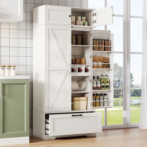 Buffet De Cuisine 80x40x180 Cm Avec 1 Tiroir, 4 Portes, Étagères Réglables, Mdf, Blanc