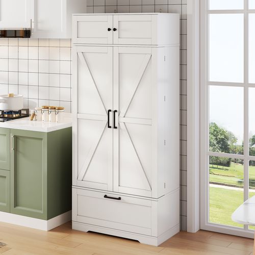 Buffet De Cuisine 80x40x180 Cm Avec 1 Tiroir, 4 Portes, Étagères Réglables, Mdf, Blanc