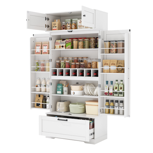 Buffet De Cuisine 80x40x180 Cm Avec 1 Tiroir, 4 Portes, Étagères Réglables, Mdf, Blanc