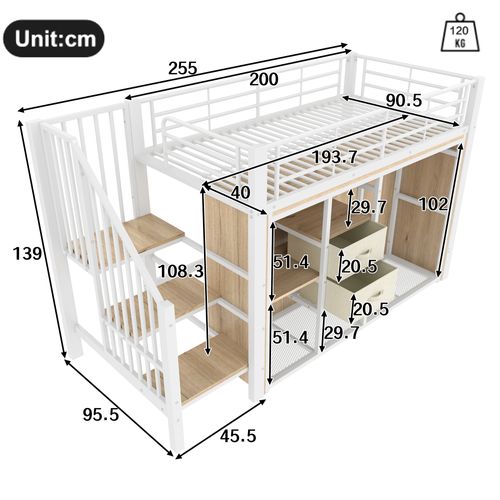 Lit Mezzanine Enfant 90x200 Cm, Lit Simple Avec 2 Tiroirs, Penderie Ouverte Et LED, Métal, Blanc