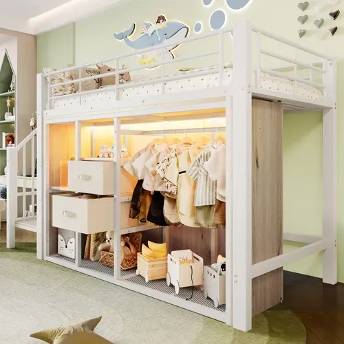 Lit Mezzanine Enfant 90x200 Cm, Lit Simple Avec 2 Tiroirs, Penderie Ouverte Et LED, Métal, Blanc
