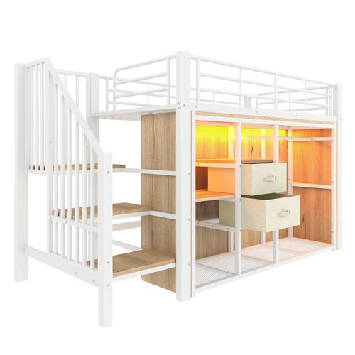 Lit Mezzanine Enfant 90x200 Cm, Lit Simple Avec 2 Tiroirs, Penderie Ouverte Et LED, Métal, Blanc