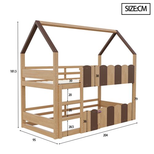 Lit Superposé Enfant 90x200cm, En Forme De Maison, Avec Barrières De Sécurité, Couleur Bois
