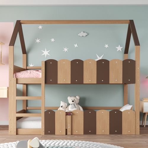 Lit Superposé Enfant 90x200cm, En Forme De Maison, Avec Barrières De Sécurité, Couleur Bois
