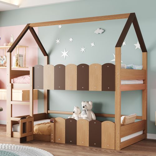 Lit Superposé Enfant 90x200cm, En Forme De Maison, Avec Barrières De Sécurité, Couleur Bois