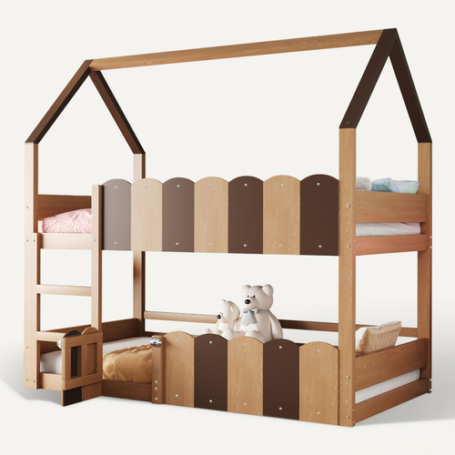 Lit Superposé Enfant 90x200cm, En Forme De Maison, Avec Barrières De Sécurité, Couleur Bois