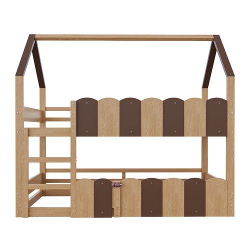Lit Superposé Enfant 90x200cm, En Forme De Maison, Avec Barrières De Sécurité, Couleur Bois