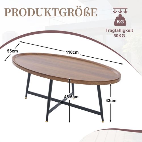 Table Basse Ovale Moderne 110 X 55 X 45,5 Cm, Design Minimaliste, Cadre Métal Noir, Couleur Marron