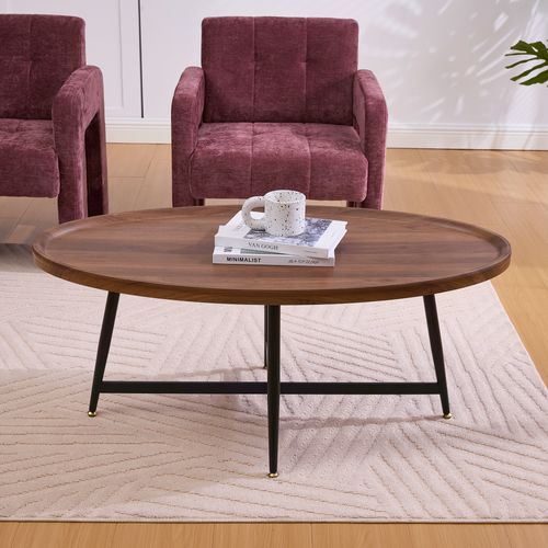 Table Basse Ovale Moderne 110 X 55 X 45,5 Cm, Design Minimaliste, Cadre Métal Noir, Couleur Marron
