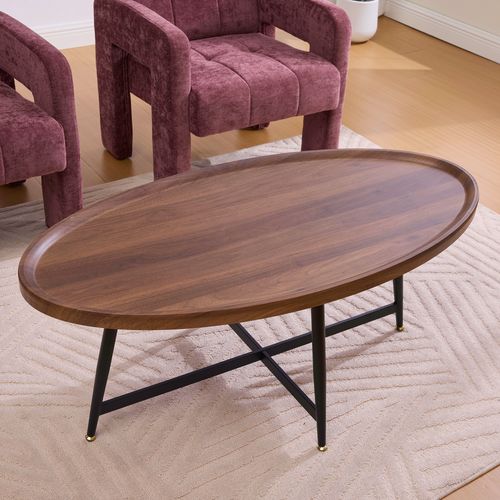 Table Basse Ovale Moderne 110 X 55 X 45,5 Cm, Design Minimaliste, Cadre Métal Noir, Couleur Marron