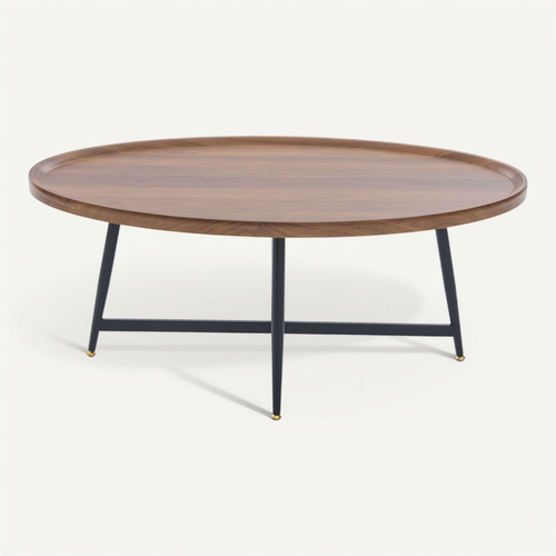 Table Basse Ovale Moderne 110 X 55 X 45,5 Cm, Design Minimaliste, Cadre Métal Noir, Couleur Marron