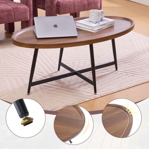 Table Basse Ovale Moderne 110 X 55 X 45,5 Cm, Design Minimaliste, Cadre Métal Noir, Couleur Marron