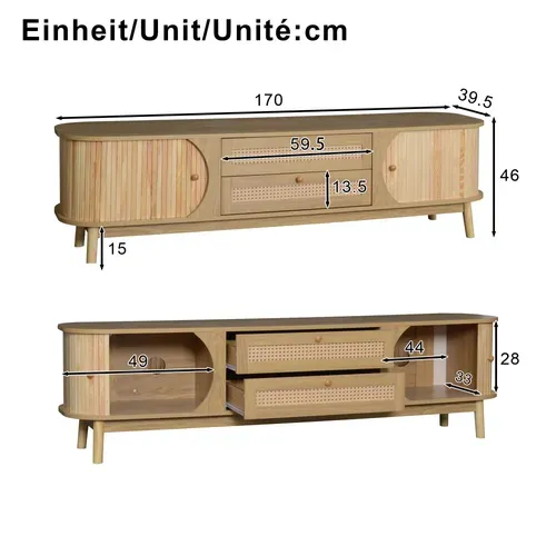 Meuble TV 170x39,5x46 Cm Avec 2 Tiroirs, 2 Portes Coulissantes, En Mdf, Couleur Chêne