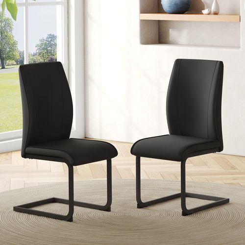 Lot De 2 Chaises De Salle à Manger, Dossier Ergonomique, En Simili Cuir Noir, Pieds Métal Noir