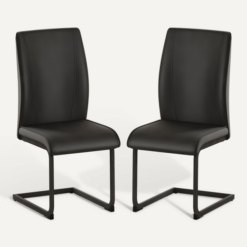 Lot De 2 Chaises De Salle à Manger, Dossier Ergonomique, En Simili Cuir Noir, Pieds Métal Noir