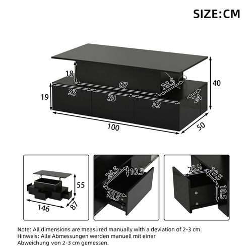 Table Basse Relevable 100x50x40 Cm Avec 4 Tiroirs, LED, Rangement Caché, En Mdf, Noire