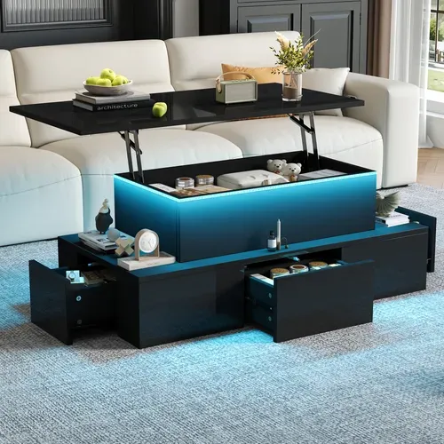 Table Basse Relevable 100x50x40 Cm Avec 4 Tiroirs, LED, Rangement Caché, En Mdf, Noire