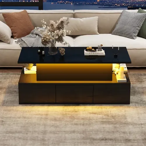 Table Basse Relevable 100x50x40 Cm Avec 4 Tiroirs, LED, Rangement Caché, En Mdf, Noire